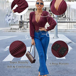 Women Sexy Bodysuits Long Sleeve V Neck Jumpsuits Tops Leotard Shirts - Nadorine (Us Only)