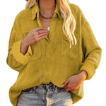Nadorine Women's Corduroy Tops for Women Lapel V Neck Shirts Long Sleeve Blouses Casual Sweatsuit with Pockets
