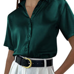 Nadorine Women Satin Shirt V-Neck Short Sleeve Button Down Shirt Casual Loose Office Silk Tops  (Us Only)