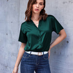 Nadorine Women Satin Shirt V-Neck Short Sleeve Button Down Shirt Casual Loose Office Silk Tops  (Us Only)