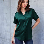 Nadorine Women Satin Shirt V-Neck Short Sleeve Button Down Shirt Casual Loose Office Silk Tops  (Us Only)