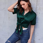 Nadorine Women Satin Shirt V-Neck Short Sleeve Button Down Shirt Casual Loose Office Silk Tops  (Us Only)