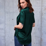 Nadorine Women Satin Shirt V-Neck Short Sleeve Button Down Shirt Casual Loose Office Silk Tops  (Us Only)