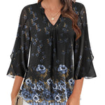 Nadorine 3/4 Sleeve Ruffle V Neck Flowy Floral Mesh Blouses
