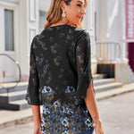 Nadorine 3/4 Sleeve Ruffle V Neck Flowy Floral Mesh Blouses