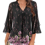 Nadorine 3/4 Sleeve Ruffle V Neck Flowy Floral Mesh Blouses