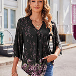 Nadorine 3/4 Sleeve Ruffle V Neck Flowy Floral Mesh Blouses