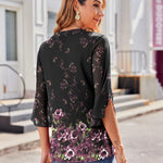 Nadorine 3/4 Sleeve Ruffle V Neck Flowy Floral Mesh Blouses