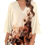 Nadorine 3/4 Sleeve Ruffle V Neck Flowy Floral Mesh Blouses