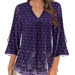 Nadorine 3/4 Sleeve Ruffle V Neck Flowy Floral Mesh Blouses