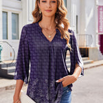 Nadorine 3/4 Sleeve Ruffle V Neck Flowy Floral Mesh Blouses