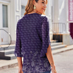 Nadorine 3/4 Sleeve Ruffle V Neck Flowy Floral Mesh Blouses