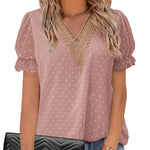 Womens V Neck Puff Short Sleeve Tops Swiss Dots Chiffon Lace Neckline Shirts Blouses - Nadorine (Us Only)