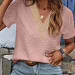 Womens V Neck Puff Short Sleeve Tops Swiss Dots Chiffon Lace Neckline Shirts Blouses - Nadorine (Us Only)