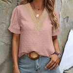 Womens V Neck Puff Short Sleeve Tops Swiss Dots Chiffon Lace Neckline Shirts Blouses - Nadorine (Us Only)