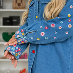 Women's Floral Embroidered Denim Jacket Colorful Button Down Jean Coat Casual Washed Shacket