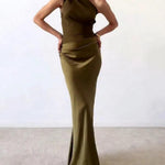 One Shoulder Neck Pleated Party Maxi Dress