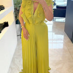 Ruffles Spliced V-Neck Sleeveless Button Front Pleated Overalls Casual Zipper Back Wide Leg Jumpsuit