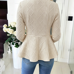Women's Argyle Cable Knit Jacket Elegant Lapel Collar Gold Button Down Cardigan Ruffle Hem Long Sleeve Coat