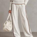 White Half-zip Collar Ribbed Sweatshirt And Color-blocked Wide-leg Pants Suit
