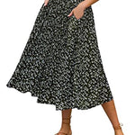 Women's Midi Skirts Elastic High Waist Skirt Polka Dot Casual Pleated Skirt with Pockets - Nadorine (Us Only)