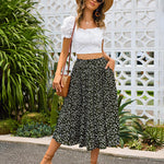 Women's Midi Skirts Elastic High Waist Skirt Polka Dot Casual Pleated Skirt with Pockets - Nadorine (Us Only)