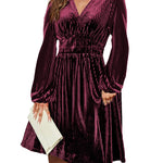 Nadorine Velvet Dress V-Neck Long Sleeve Stretch Mini Dress