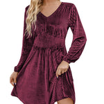 Nadorine Velvet Dress V-Neck Long Sleeve Stretch Mini Dress