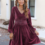Nadorine Velvet Dress V-Neck Long Sleeve Stretch Mini Dress