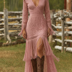 Retro White Lace V-neck Long Sleeve Tassel Short Front And Long Back Skirt Maxi Dress