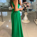 Halter Sleeveless Tied Detail Shirred Criss Cross Flared Dress Glamorous Evening Dress