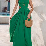 Halter Sleeveless Tied Detail Shirred Criss Cross Flared Dress Glamorous Evening Dress