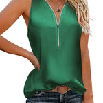 Womens Satin Tops V Neck Silk Tank Top Summer Camisole Sleeveless Blouse Loose Cami Zipper Basic Shirt - Nadorine (Us Only)