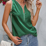 Womens Satin Tops V Neck Silk Tank Top Summer Camisole Sleeveless Blouse Loose Cami Zipper Basic Shirt - Nadorine (Us Only)