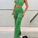 2 Pieces Round Sequin Knitted Halter Sleeveless Crop Top and Casual Strechy Waist Wide Leg Knit Pants Set