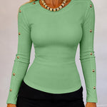 Women's Gold Studded Long Sleeve Rib-Knit T-Shirt Slim Fit Round Neck Top