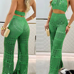2 Pieces Round Sequin Knitted Halter Sleeveless Crop Top and Casual Strechy Waist Wide Leg Knit Pants Set