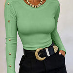 Women's Gold Studded Long Sleeve Rib-Knit T-Shirt Slim Fit Round Neck Top