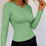 Women's Gold Studded Long Sleeve Rib-Knit T-Shirt Slim Fit Round Neck Top