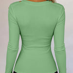 Women's Gold Studded Long Sleeve Rib-Knit T-Shirt Slim Fit Round Neck Top