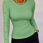 Women's Gold Studded Long Sleeve Rib-Knit T-Shirt Slim Fit Round Neck Top