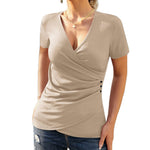 Nadorine Women Wrap Tops Short Sleeve Ribbed Deep V Neck Sexy Wrap Shirt