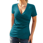 Nadorine Women Wrap Tops Short Sleeve Ribbed Deep V Neck Sexy Wrap Shirt