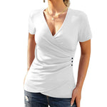 Nadorine Women Wrap Tops Short Sleeve Ribbed Deep V Neck Sexy Wrap Shirt