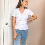 Nadorine Women Wrap Tops Short Sleeve Ribbed Deep V Neck Sexy Wrap Shirt