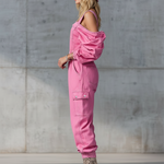 Stylish And Modern Long-sleeved Strappy Tapered Legs Pink Denim Jumpsuit