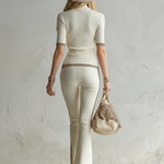 Elegant And Sporty Leopard Print Trim Off-white Knitted T-shirt And Flared Pants Set