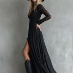 Stylish Western-style Lace-paneled Split Black Maxi Dress