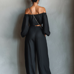 Women's Minimalist Linen Blend Strapless Long-sleeved Blouse And Wide-leg Pants Set