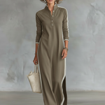 Women's Minimalist White-trimmed Button-down Collar Sweatshirt Dress Maxi Dress